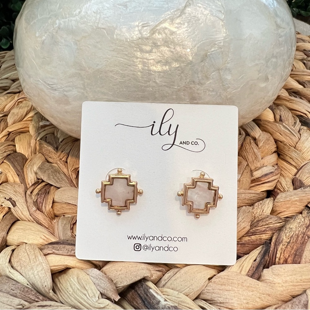 Gold and MOP Cross Shaped Ball Point Stud Earrings | Hypoallergenic | New